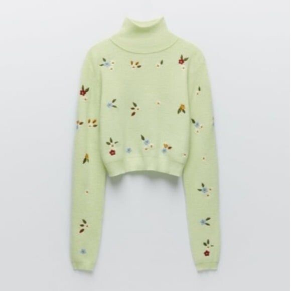 NWOT Zara Mint Green Wool Blend Floral Embroidered Mock Neck Sweater ~ L - Picture 1 of 12